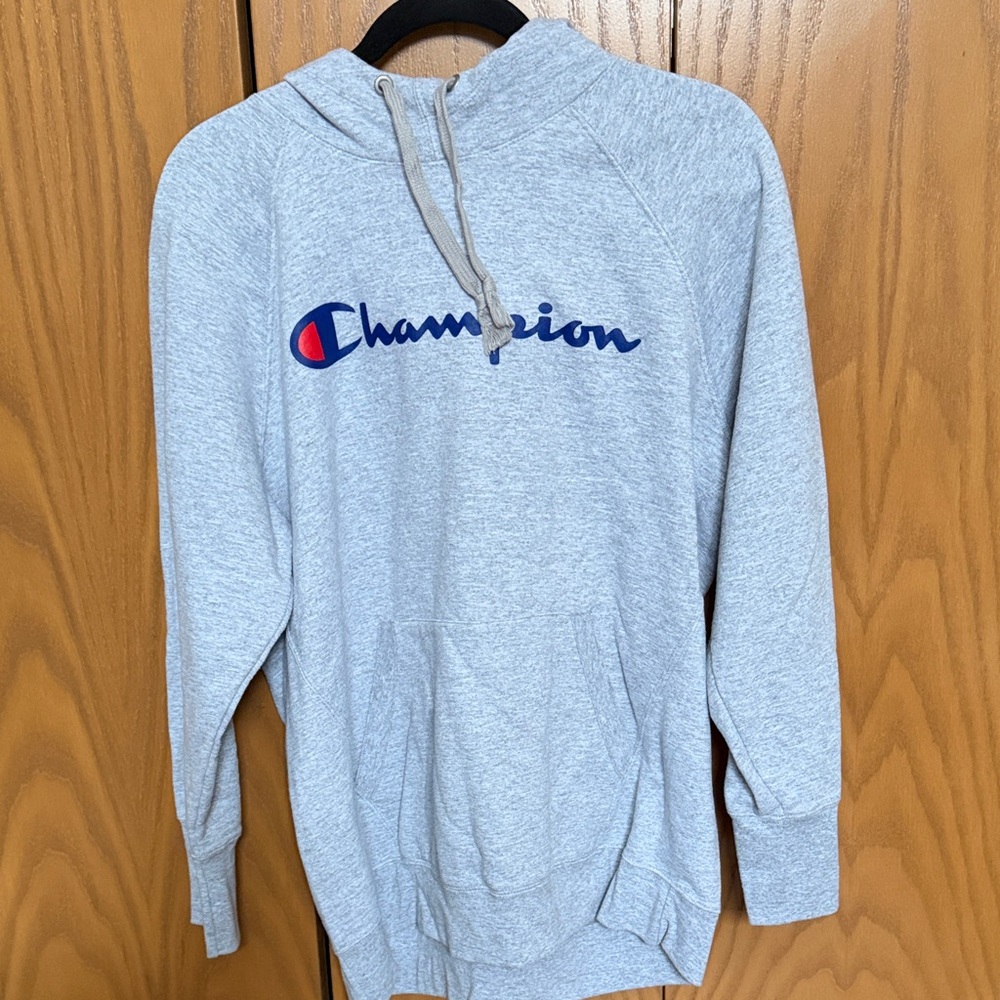 Champion Gray Hoodie with Blue Logo